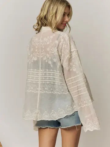 Embroidered Sheer Button-Down Blouse-Beige
