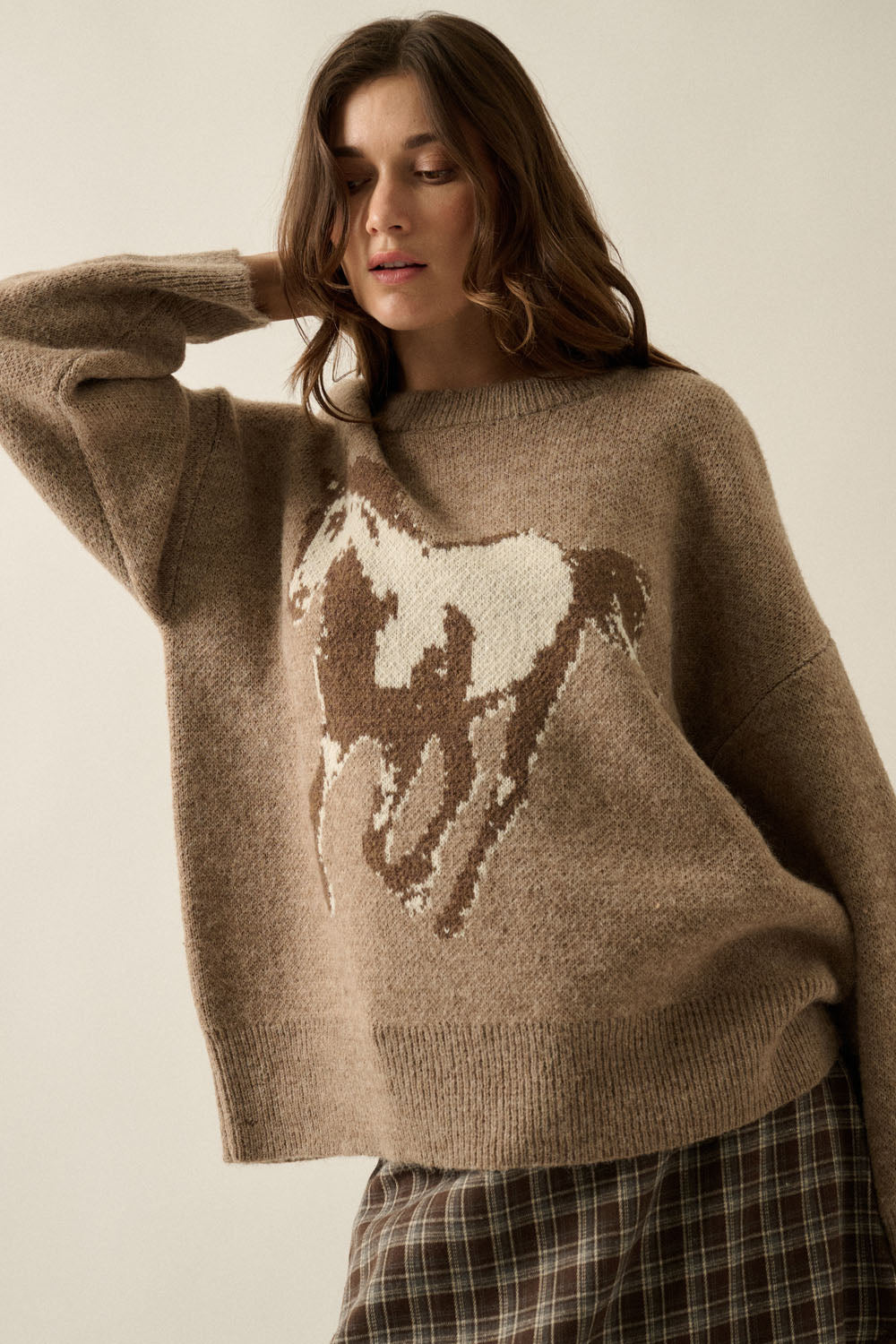 Horse Jacquard-Knit Loose-Fit Drop-Shoulder Sweater