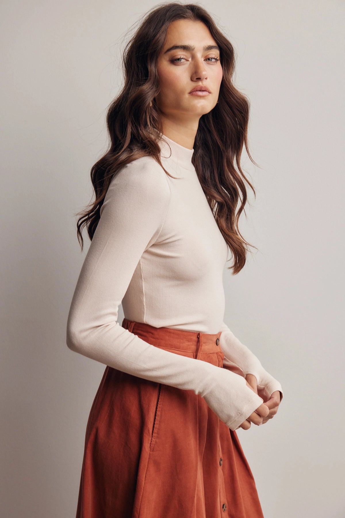 Mara Stretch Ribbed Mock Neck Top-Ecru