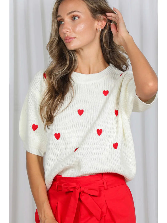 Heart Embroidery Crew Neck Casual Knitted Sweater