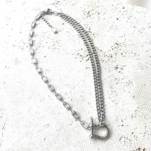 Edgy Glam Carabiner Shackle Necklace Silver Stainless Steel