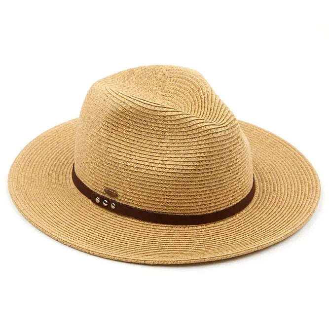 C.C Suede Band Trim Panama Sun Hat-Nat/Brown