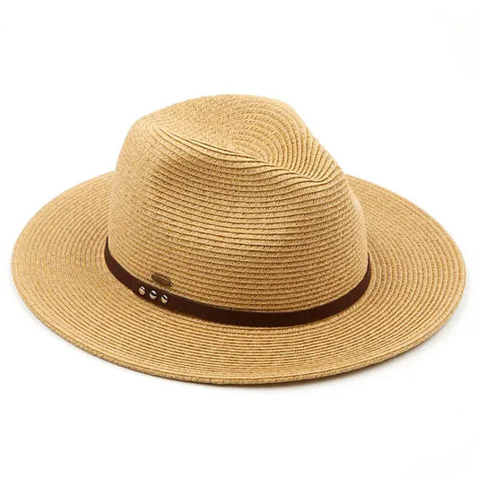 C.C Suede Band Trim Panama Sun Hat-Nat/Brown