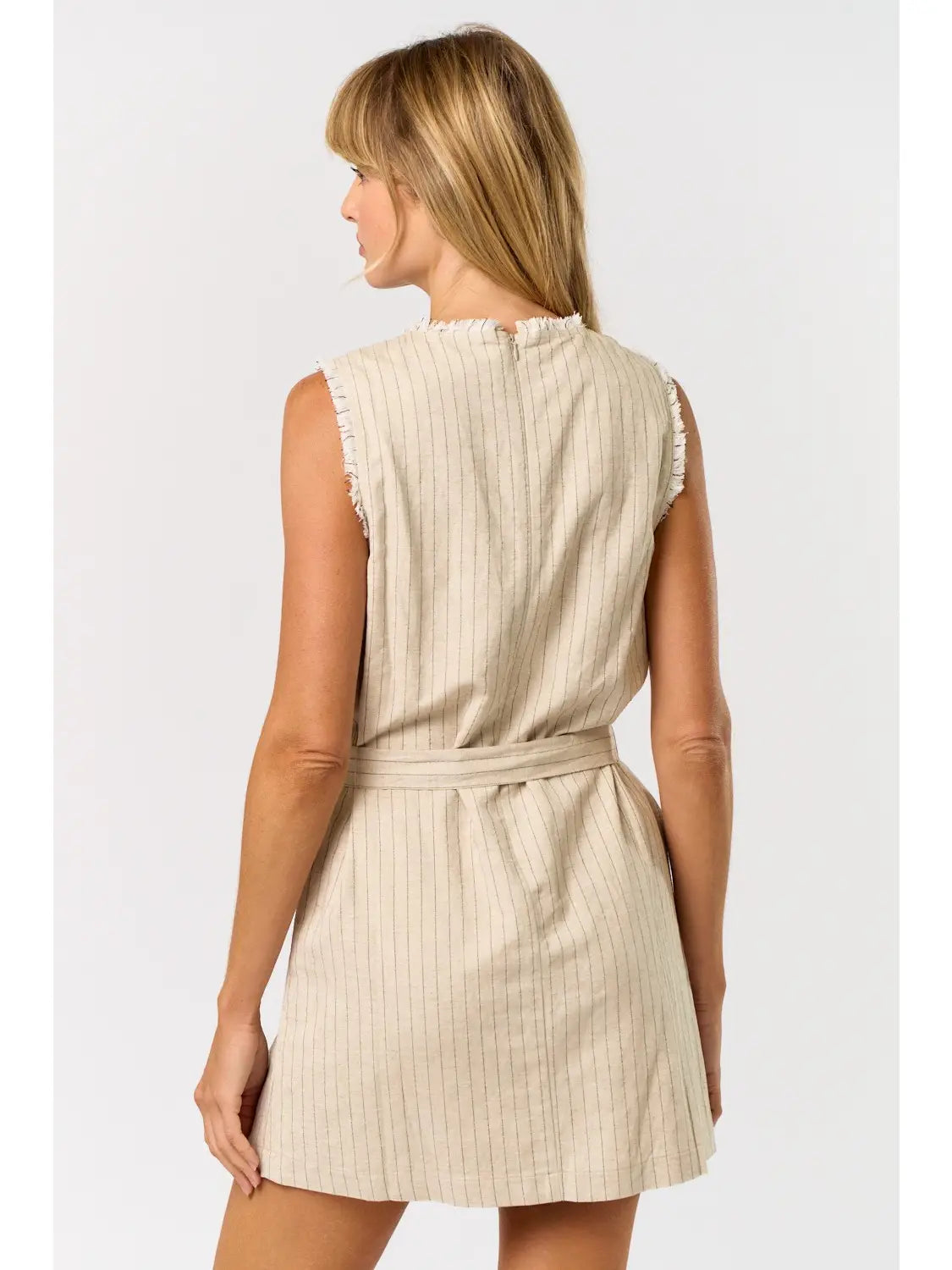 Fringe Hem Mini Dress w/ Waist Tie-Oatmeal/Black