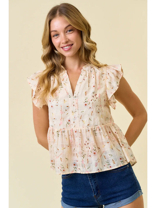 Meena Floral Printed Ruffle Sleeve Top-Cream