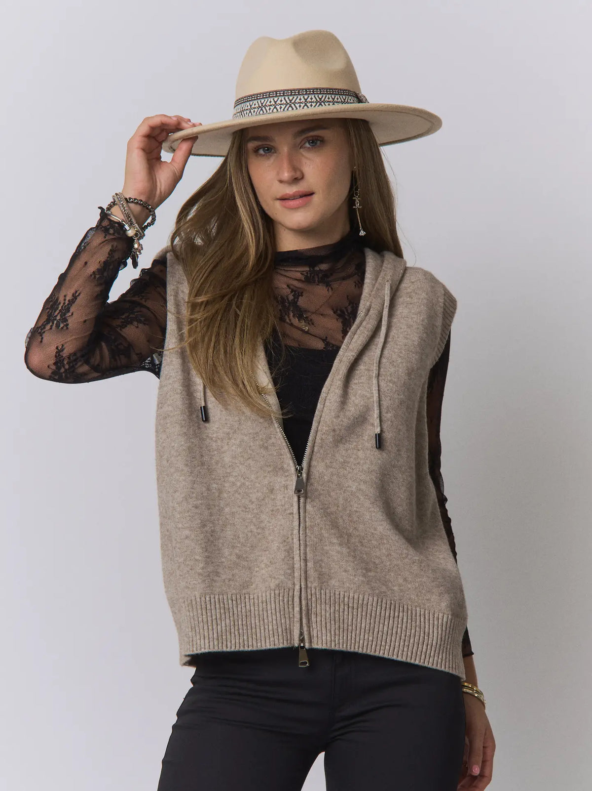 Hooded Zip-Up Knit Sweater Vest-Oatmeal