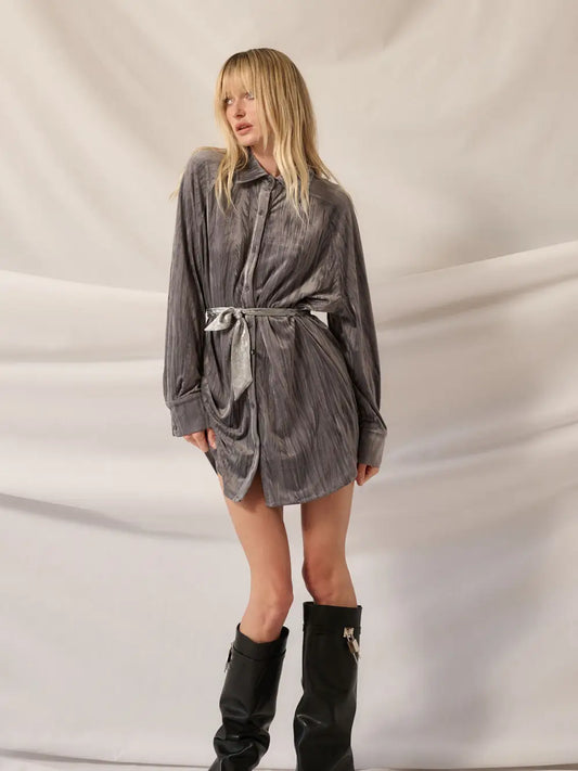 Metallic Crinkle Velvet Button-Up Mini Shirt Dress