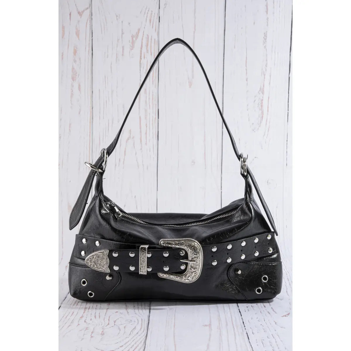 Studded Western Buckle Vegan Leather Shoulder Bag-Black