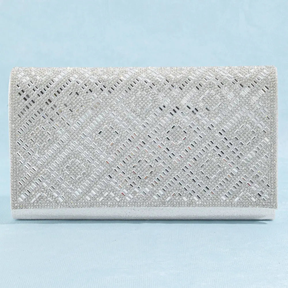 Crystal Diagonal Weave Evening Clutch-Silver