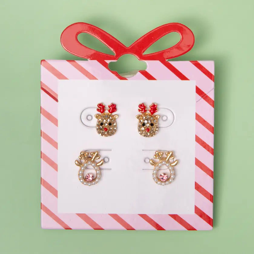 Christmas Rudolph Theme Pearl and Rhinestone Earring Set