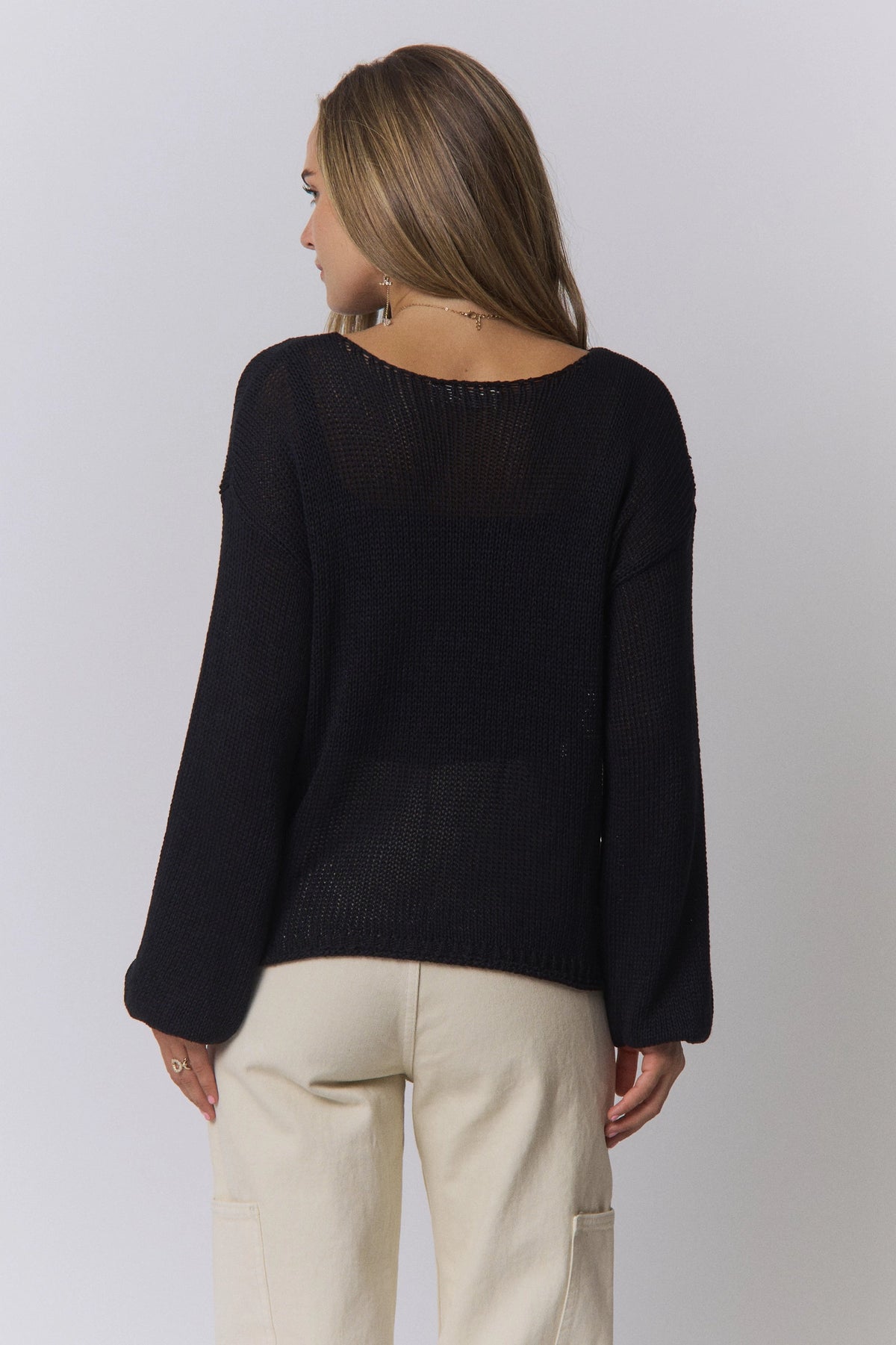 Lightweight Boat Neck Knit Sweater-Black