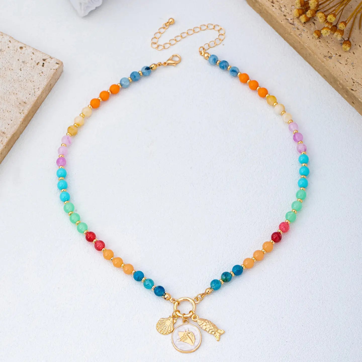 Rainbow Beaded Nautical Charm Necklace, 16 in