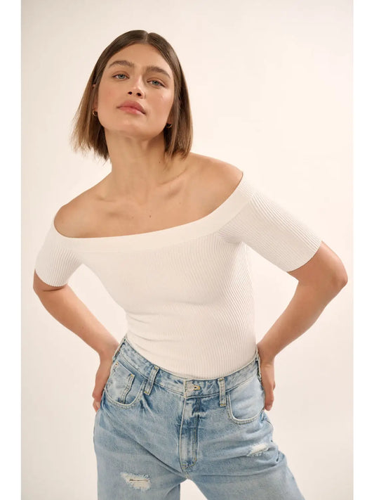 Shaper Fit Off-Shoulder Rib Knit Bodysuit-Off Whjte
