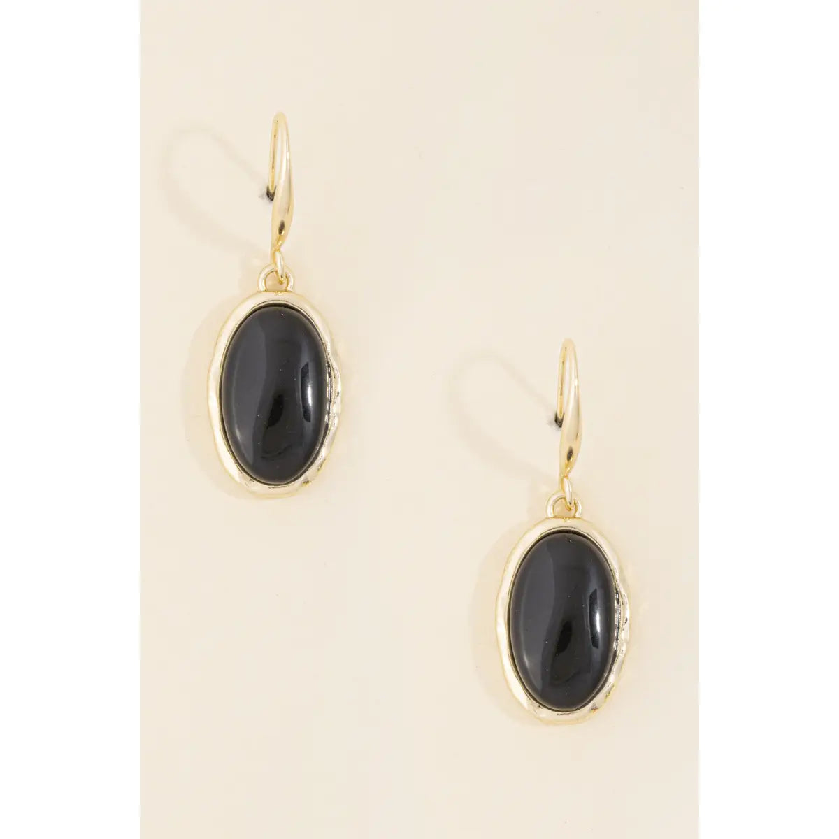 Semi Precious Stone Oval Bezel Drop Earrings-Black Gold