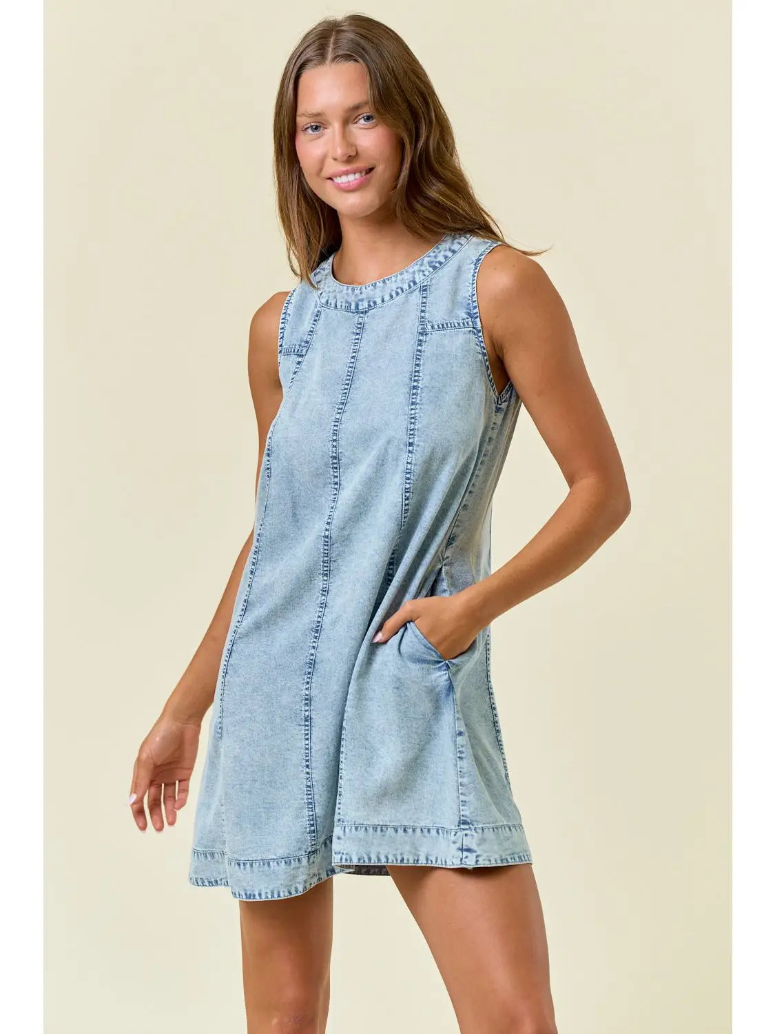Callum Chambray Round Neckline Sleeveless A-Line Mini Dress