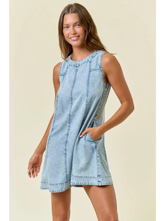 Callum Chambray Round Neckline Sleeveless A-Line Mini Dress