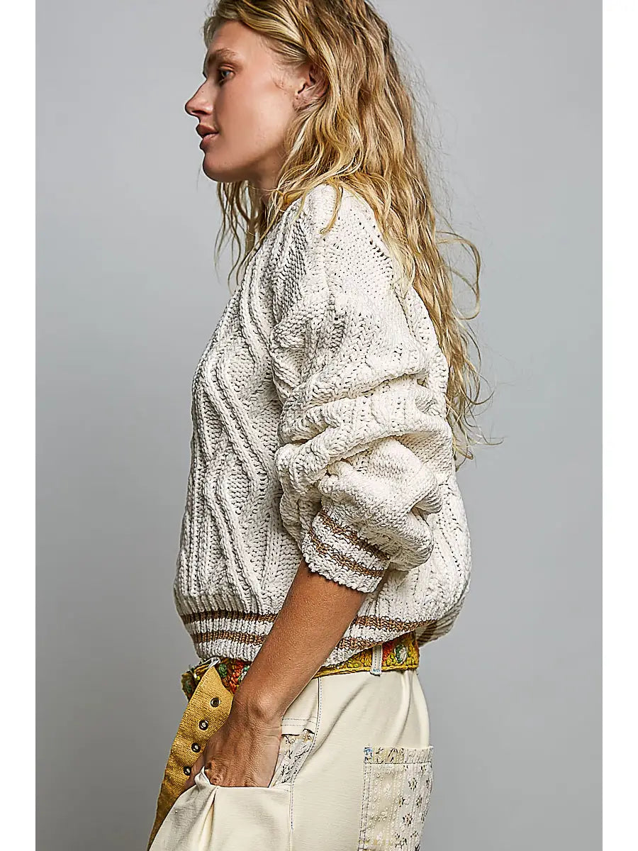 Cable Knit Crewneck Contrast Trim Sweater Top-Cream