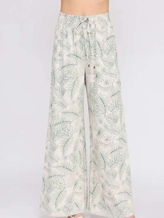 Amanda Printed Linen Blend Smocked Tie Waist Wide Leg Pants