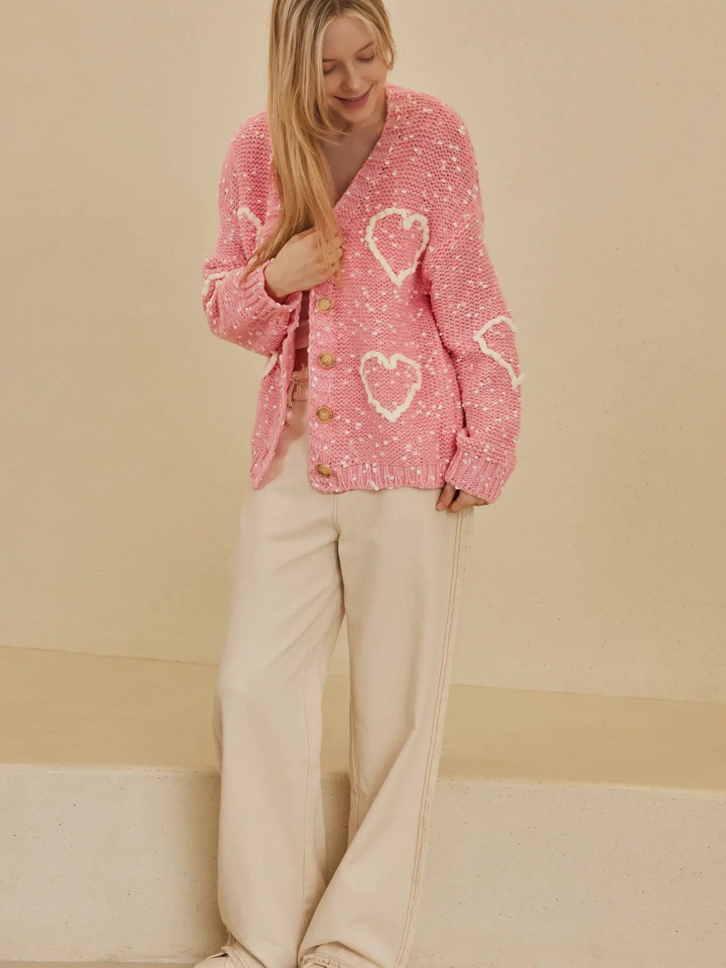 Lola Cardigan with Heart Overstitch-Pink