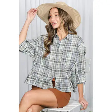 Pocket Detail Ruffle Hem Plaid top-Olive