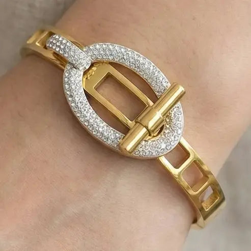 Stainless Steel Pave Oval Buckle Hinged Bangle Bracelet-Gold