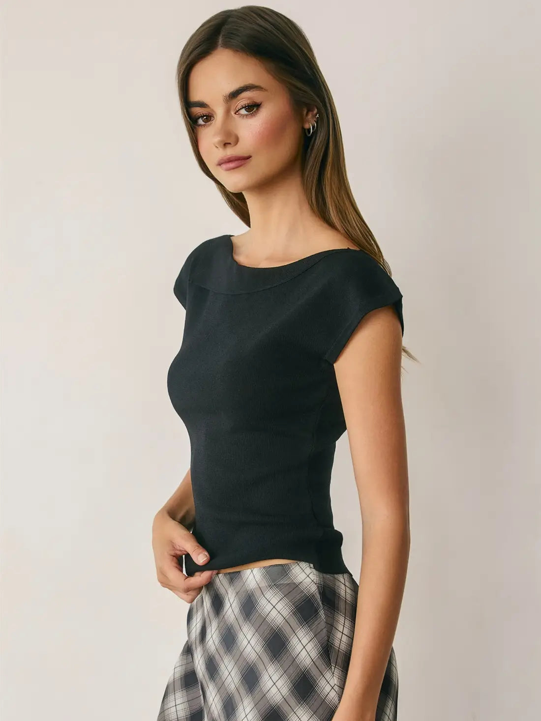 Foldover Boat Neck Cap Sleeve Knit Top-Black