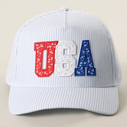 USA Letter Patch Striped Trucker Hat-Blue