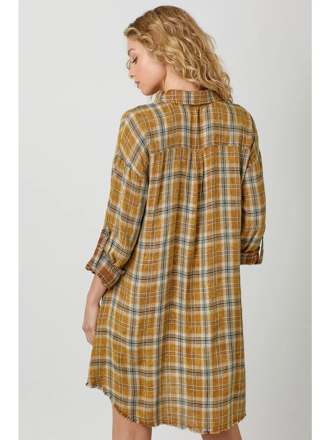 Flannery Washed Plaid Shirt Dress-Toffee