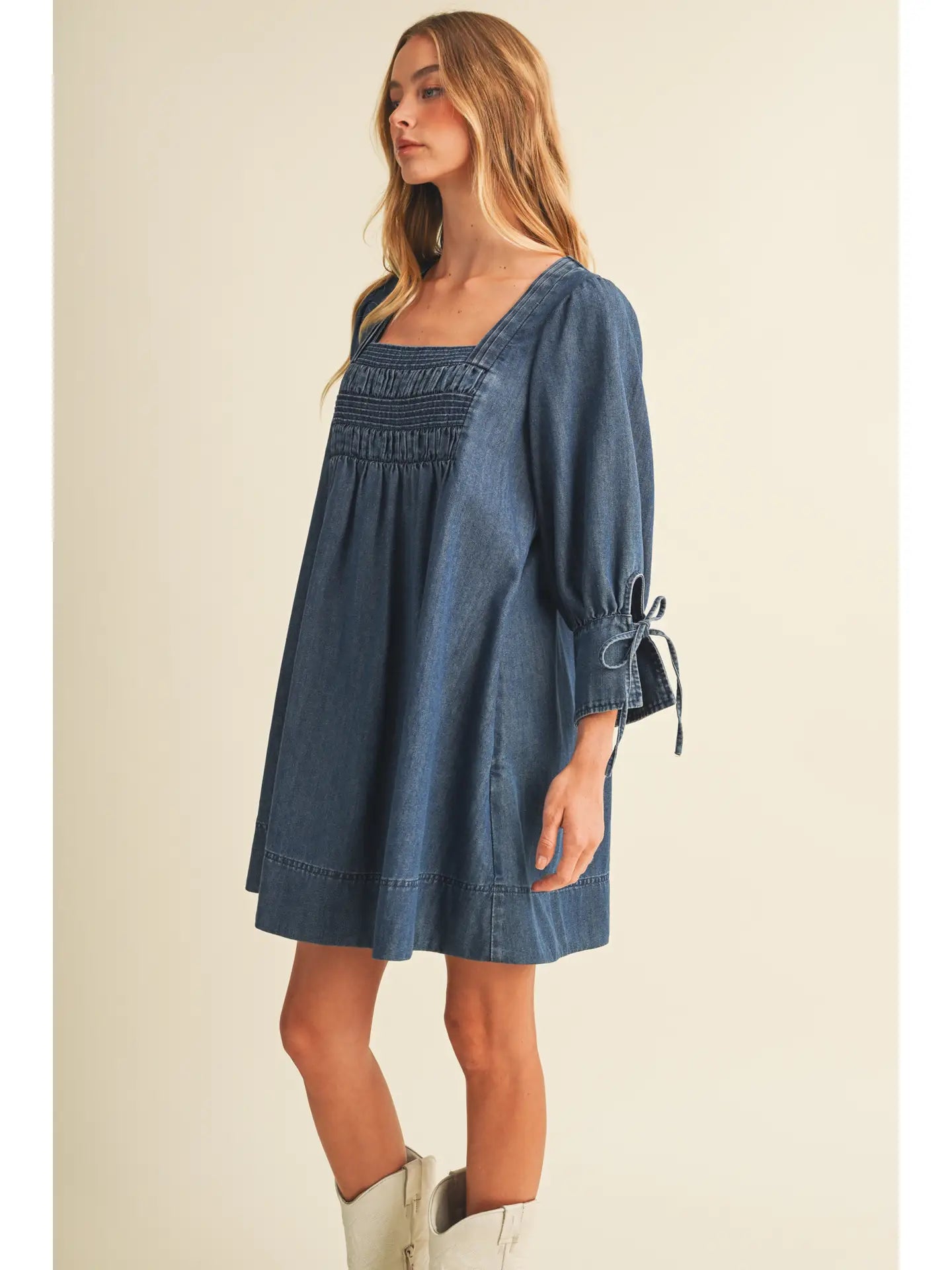 Square-Neck Smocked Denim Trapeze Dress