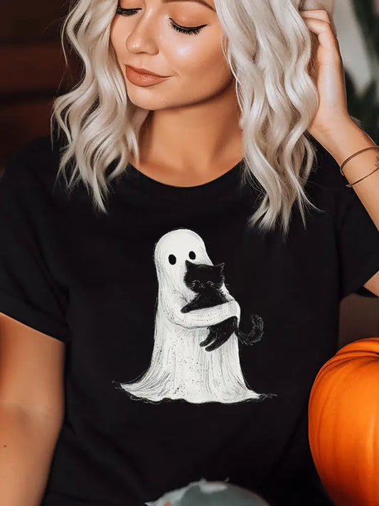 Ghost Hugging Cute Black Cat Halloween Graphic Tee Shirt