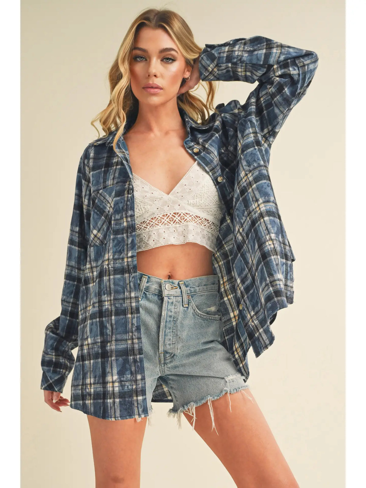 Laura Plaid Washed Flannel Shirt -Blue