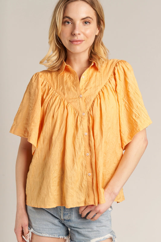 Short Sleeve Crinkled Button Down Shirt=Orange