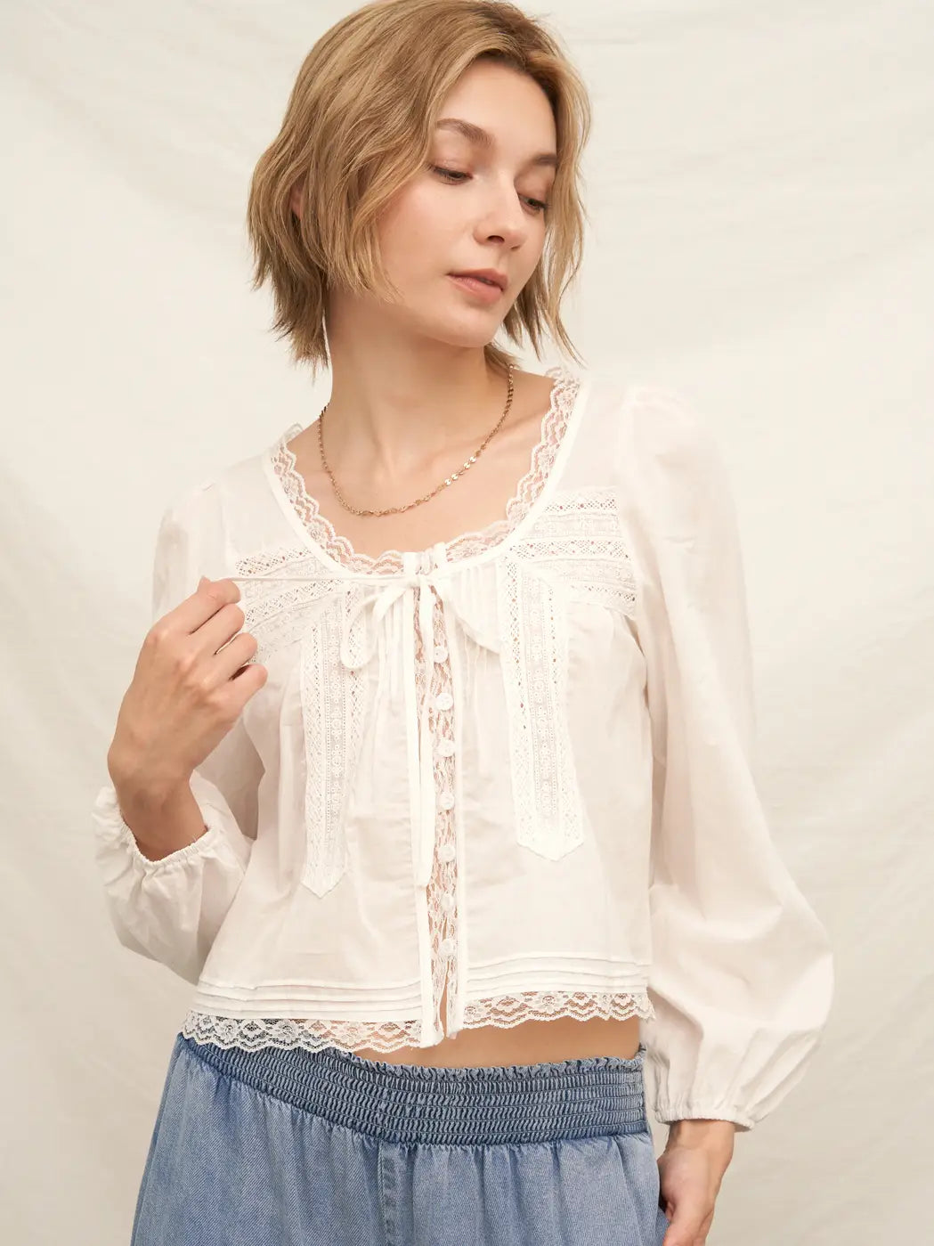 Lace-Trimmed Blouse with Pintuck and Tie-Front
