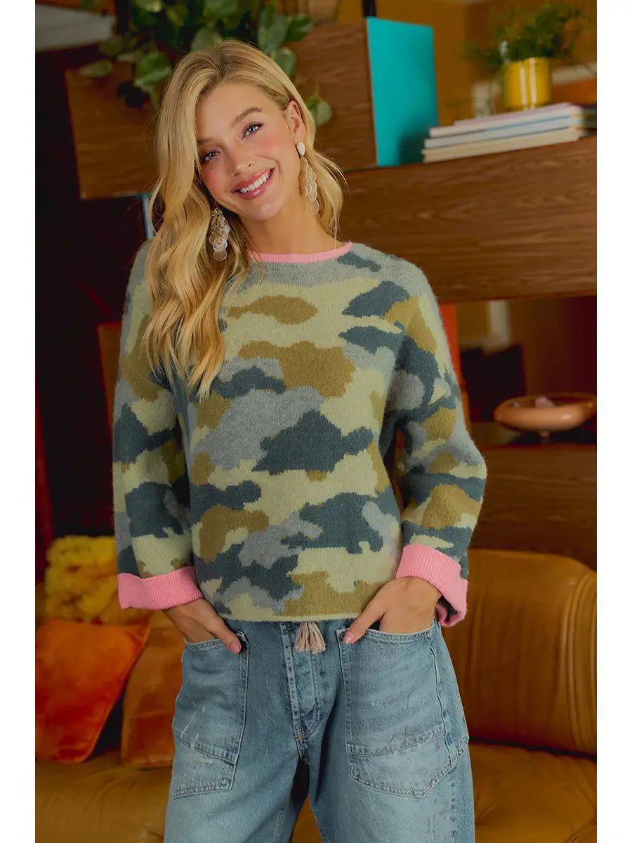 Soft Camo Contrast Neck and Roll Up Sweater