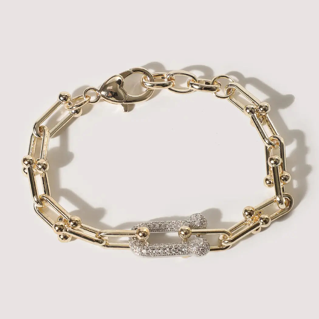 Two Tone Hardware Style Cz Pave Link Bracelet