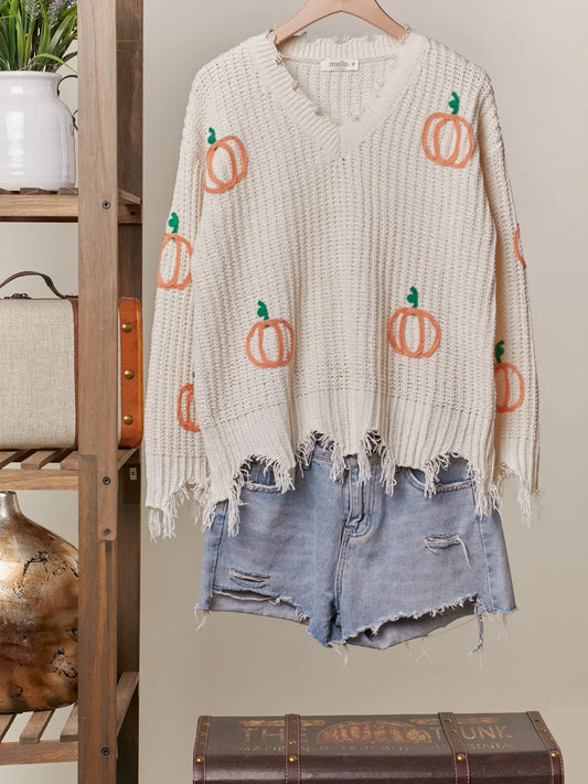 V Neck Distressed Hem Sweater with Pumpkin Patch
