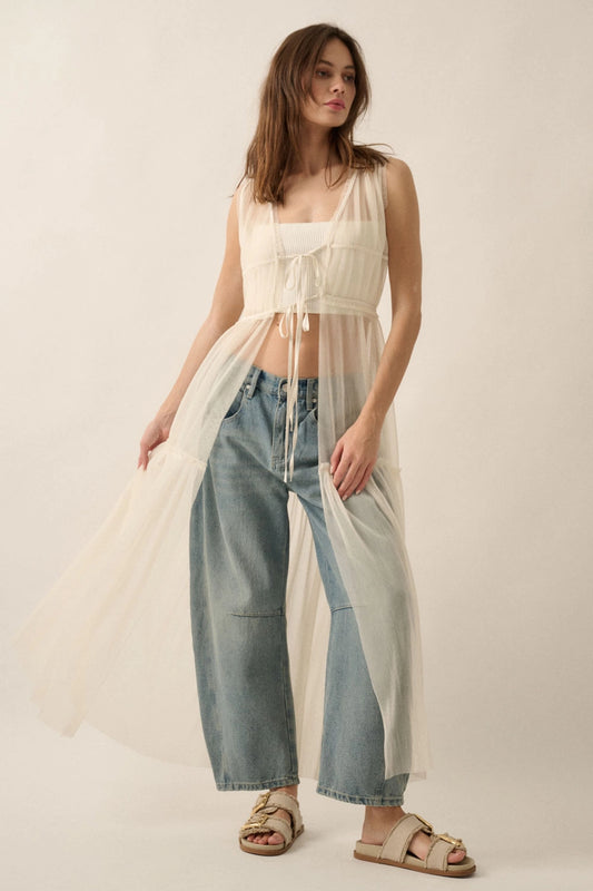 Sheer Tulle Ruffled Tie-Front Layering Maxi Top-Off White