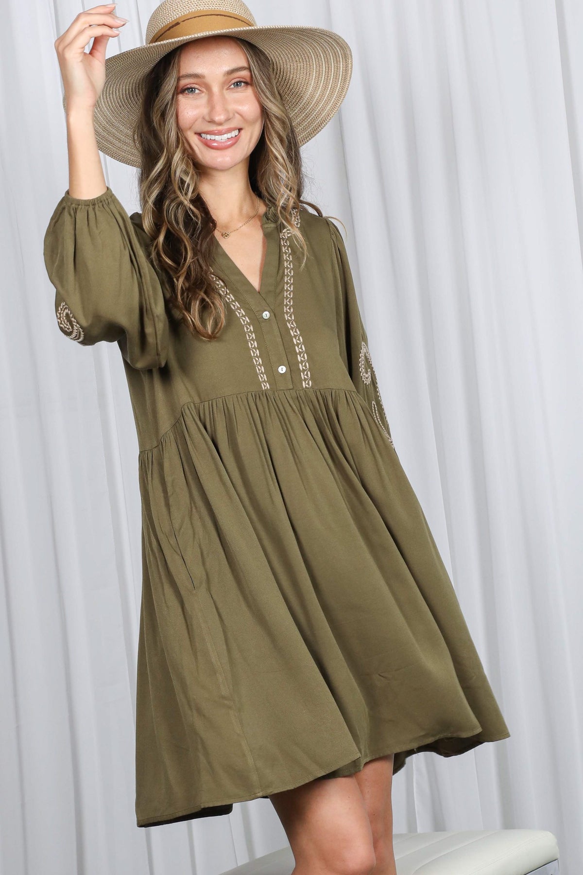 Paisley Embroidered V-Neck Baby Doll Dress-Olive