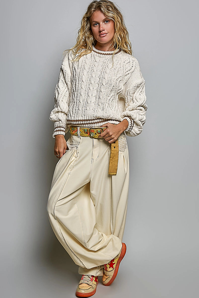 Cable Knit Crewneck Contrast Trim Sweater Top-Cream
