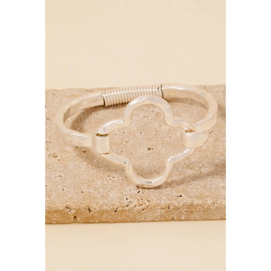 Hammered Clover Coil Spring Hook Bangle Bracelet-Silver