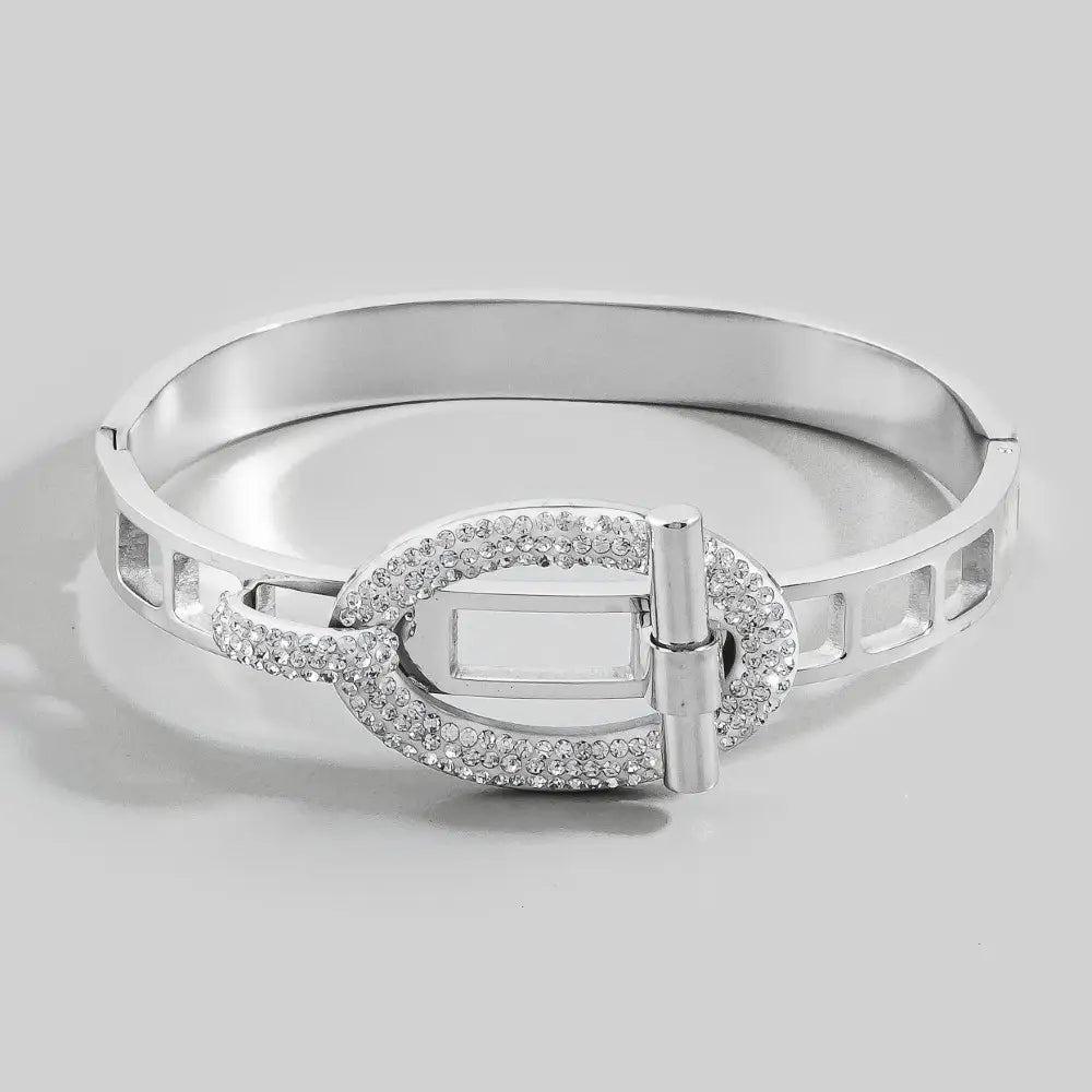 Stainless Steel Pave Oval Buckle Hinged Bangle Bracelet-Silver