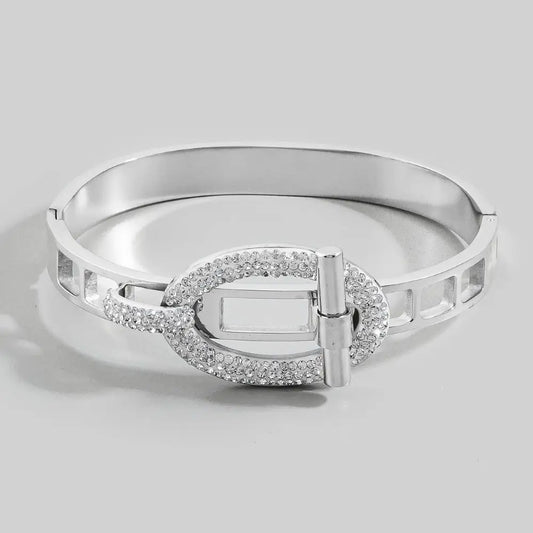 Stainless Steel Pave Oval Buckle Hinged Bangle Bracelet-Silver