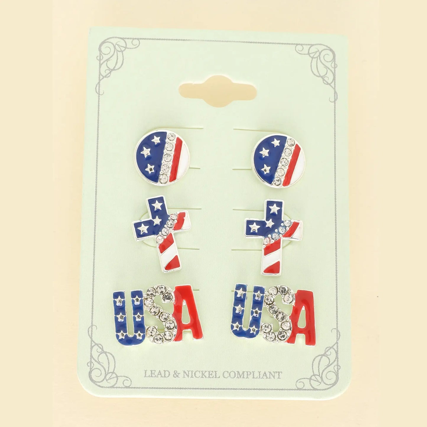 3-Pack Patriotic Rhinestone Post Earrings
