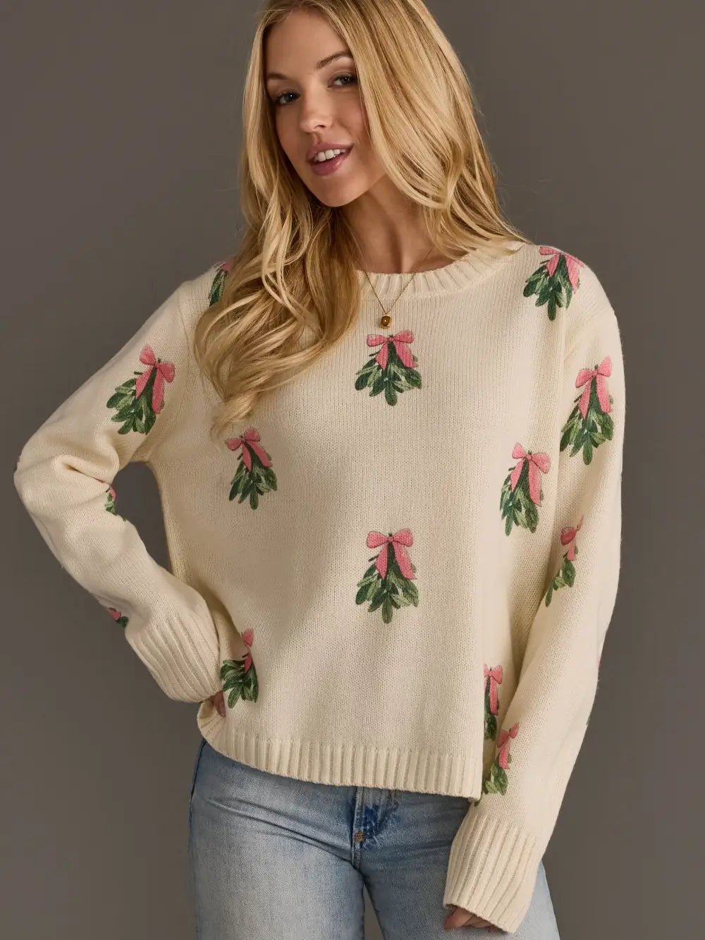 Ivory Tree Sweater with Pink Bows