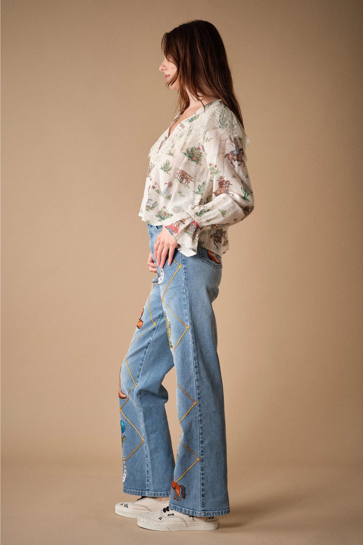 Western Lace-Trim Printed Blouse