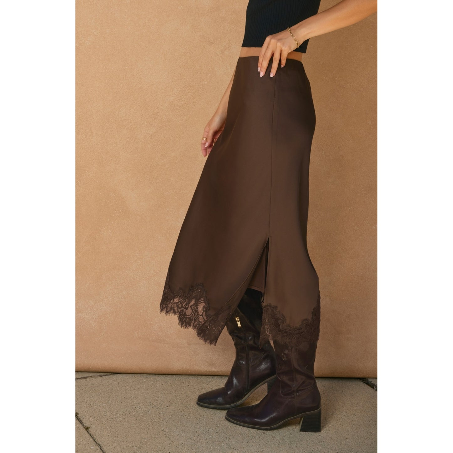Satin Lace Hem Pencil Skirt-Dark Chocolate