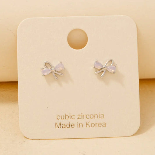 Gold Dipped Mini Cz Bow Stud Earrings-Silver