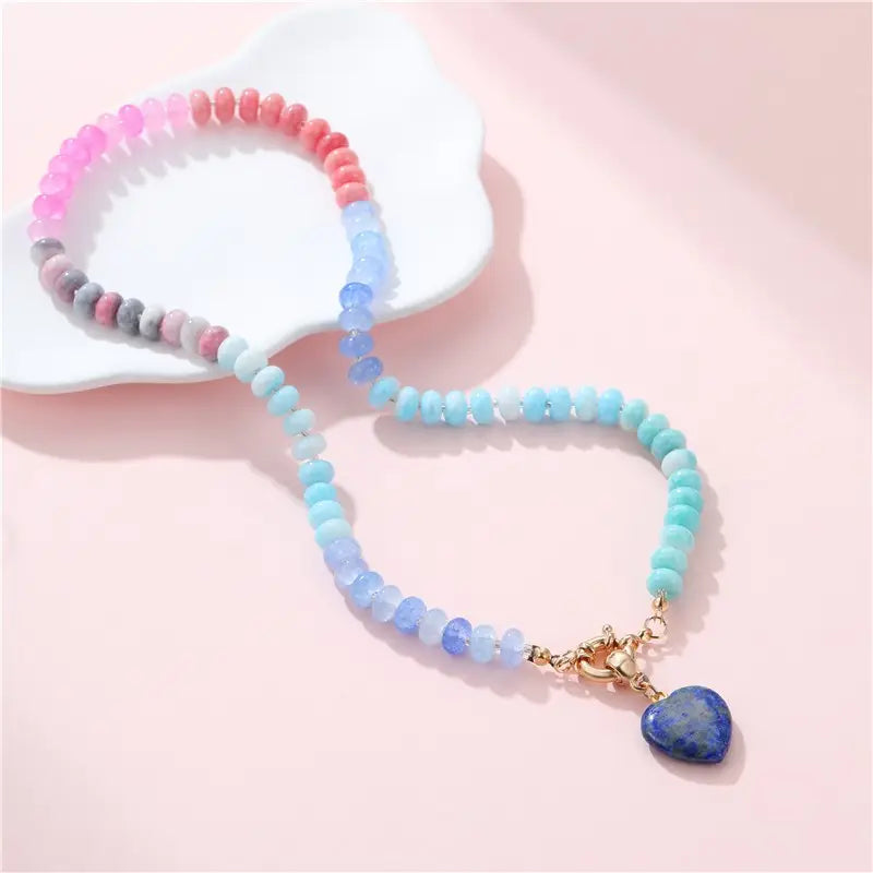 Natural Stone Semi-Precious Glass Mixed Necklace-Lapis