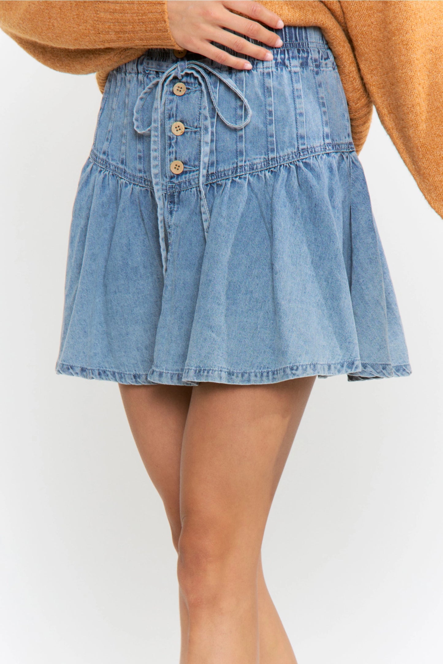 Buttoned Denim Skirt with Adjustable Waist Tie
