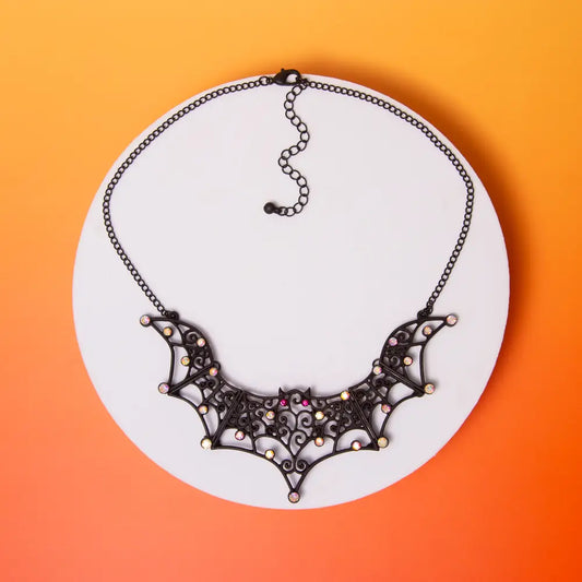 Halloween Rhinestone Filigree Black Bat Pendant Necklace